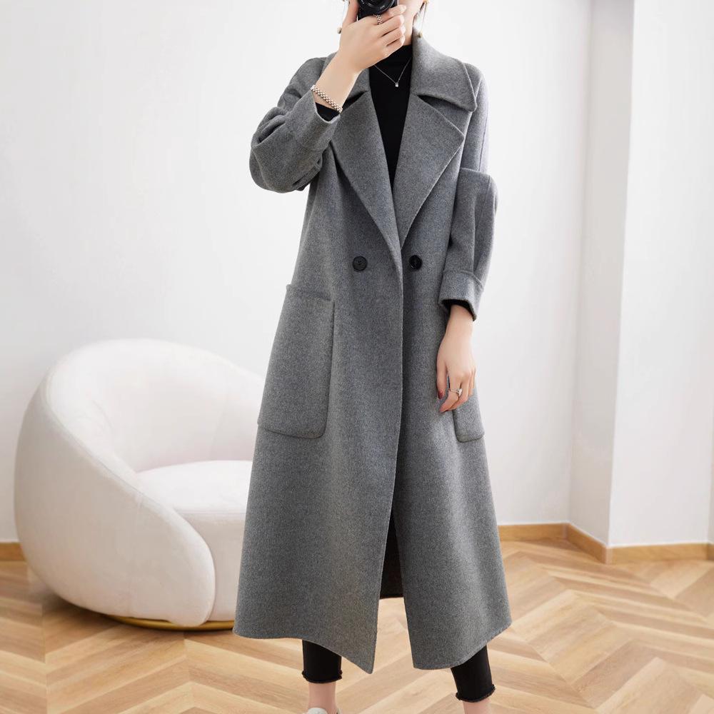 Stylish Extra Long Over-the-Knee 100% Wool Coat with Suit Collar for Women - Korean High-End Autumn/Winter Style