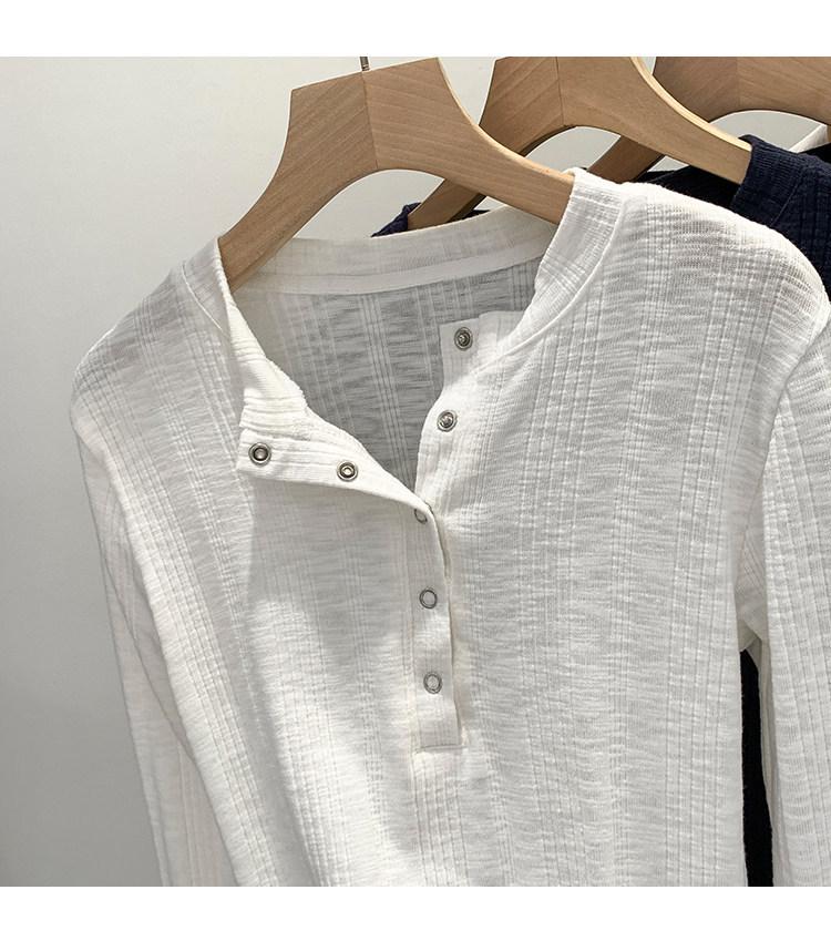 T-shirt rayé à boutons-pression à manches longues pour femme, léger et professionnel, couche de base amincissante pour l'automne/l'hiver/le printemps.