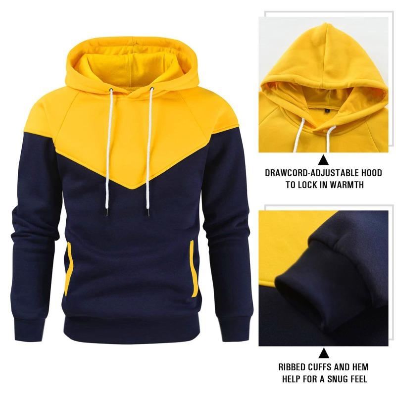 Winter Men's Fleece-Lined Hooded Sweatshirt Fashionable Patchwork Hooded Sweatshirt Casual Sports Sweatshirt Pullover Sweatshirt