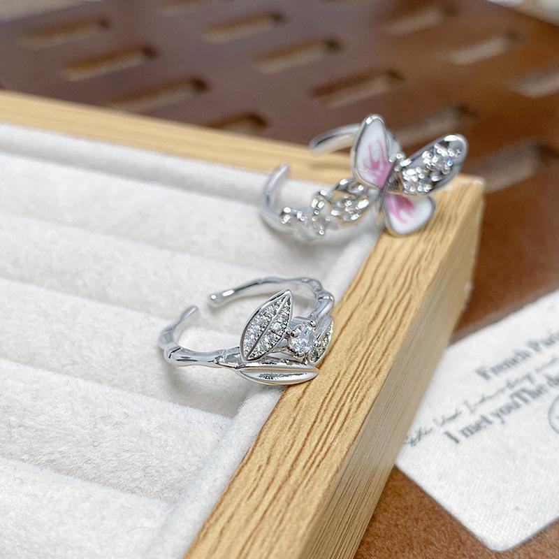 [Schmetterlingsblatt Qingyin] Emaille Tropföl Zirkon Schmetterlingsblatt Offener Ring Licht Luxus High-End Gefühl Stapelring Frau
