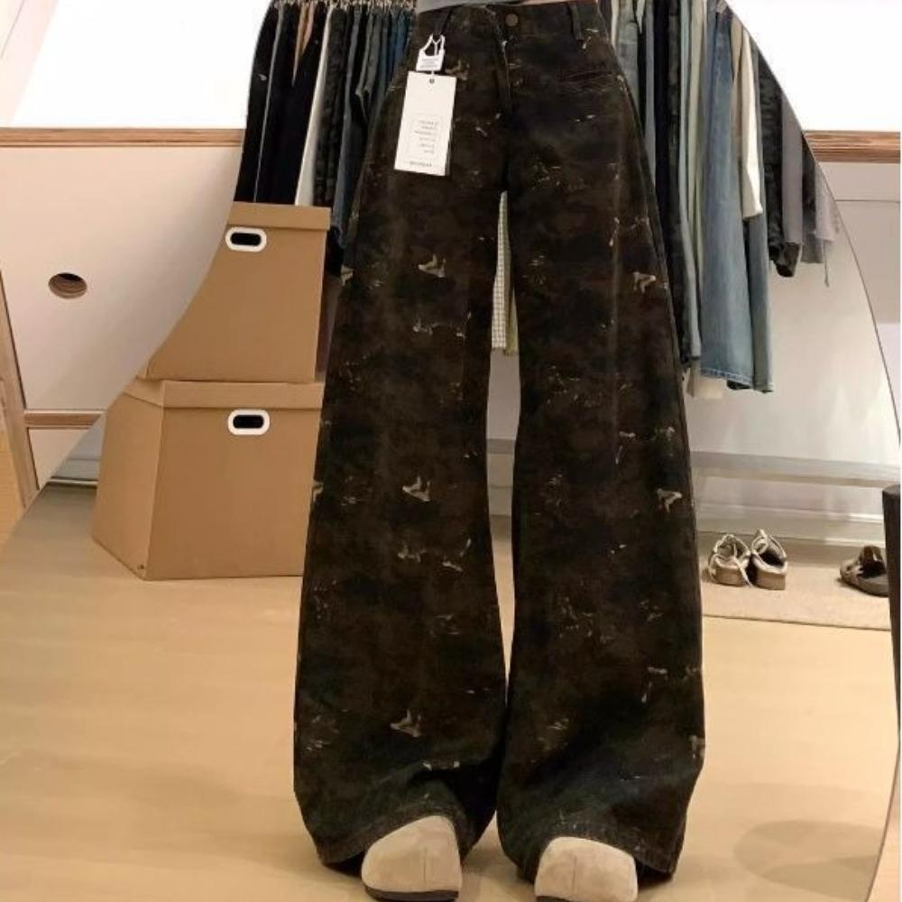 Women s High Waist Camouflage Print Wide Leg Jeans Vintage Washed Loose Denim Trousers S