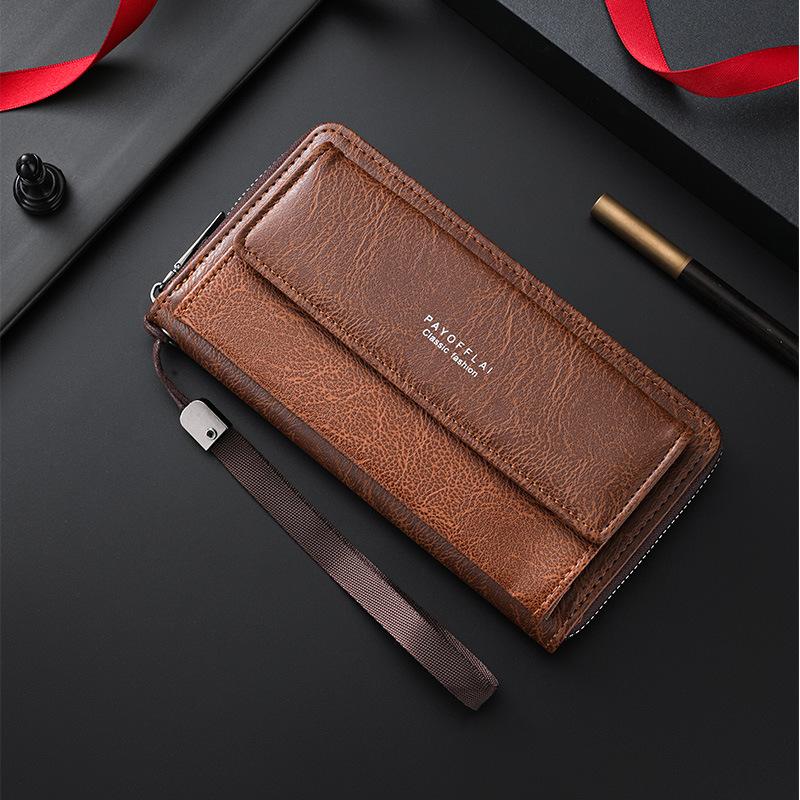 Men’s Leather Long Wallet RFID Blocking Clutch Wallet Large Capacity Zipper Bifold Purse Card Holder Coin Pocket Wrist Strap
