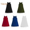 Lady Sundress with Side Pockets Lace Trim Hem A-line Sleeveless Round Neck Solid Color Mini Dress Summer Short Dress for Beach Dating Daily Wear