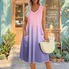Summer Casual Midi Dresses For Women Vocation  Elastic Waist Sleeveless Knee Length Sundress With Pockets Loose Fit