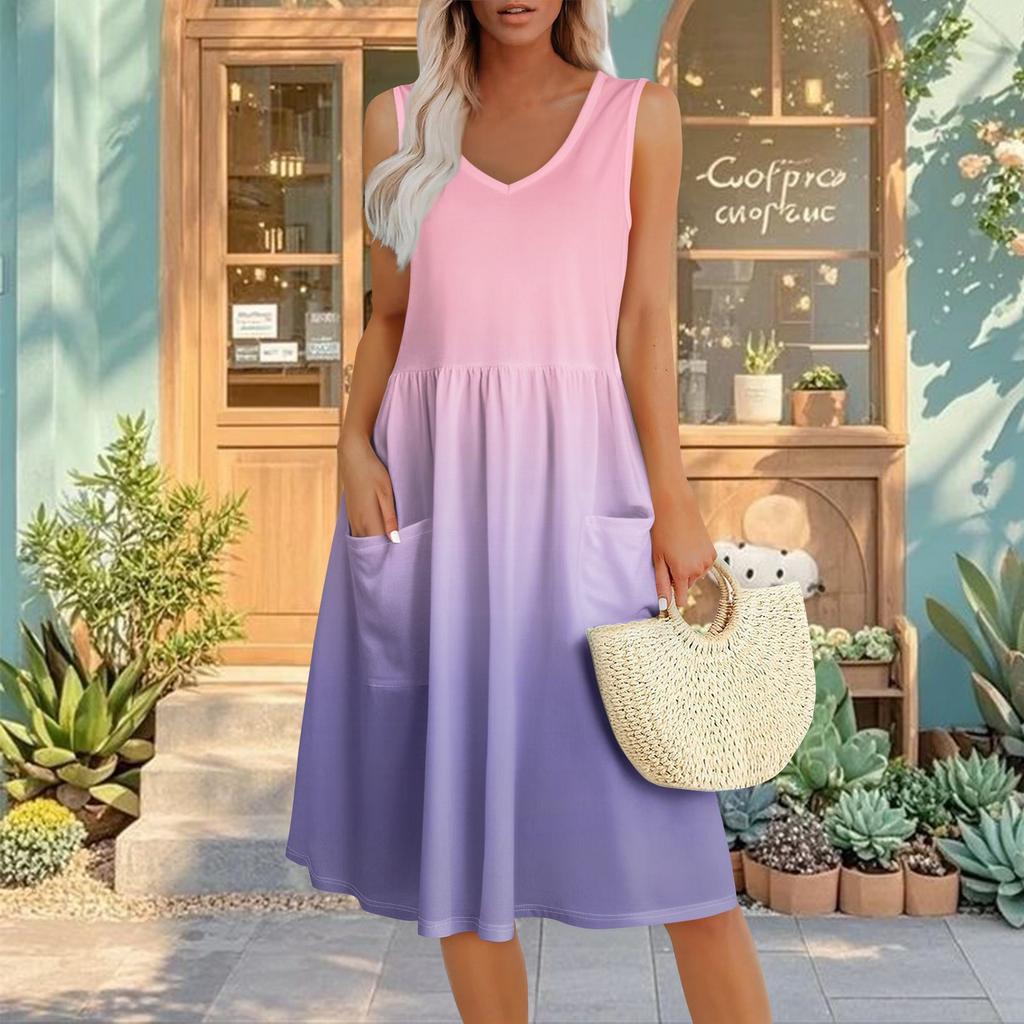 Summer Casual Midi Dresses For Women Vocation Elastic Waist Sleeveless Knee Length Sundress With Pockets Loose Fit
