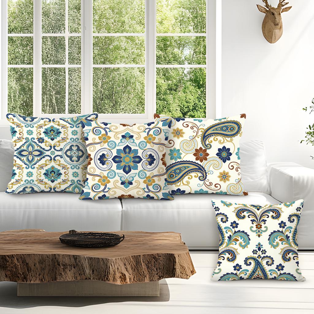 4 Pcs Bohemian Flowers Single-Sided Printed Pillowcase Cushion Cover,Suitable For Living Room,Bedroom,Car Decoration