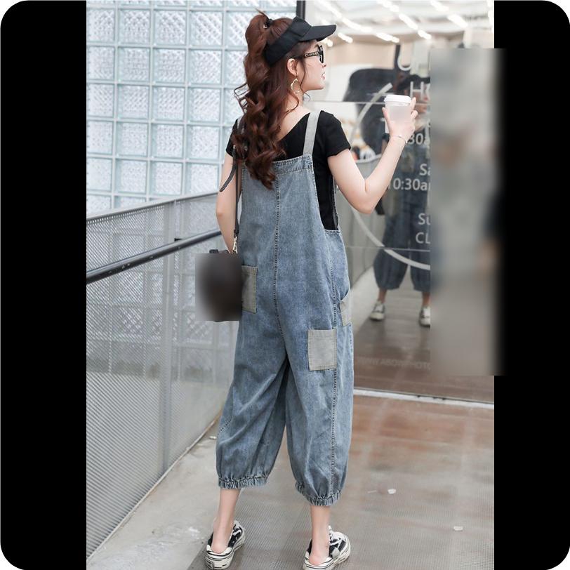 Retro Denim Overalls Women's Spring and Autumn Age-reducing Hong Kong Flavor Loose Patch Fashion Harlan Age-reducing Nine-point Pants