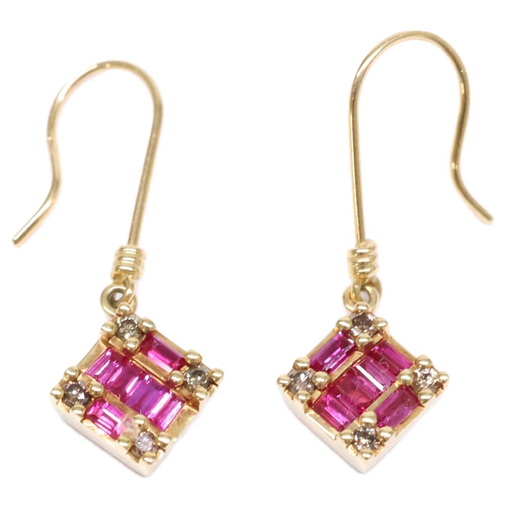 BELLESIORA K18 Square Collection 0.02ct Ruby Diamond Hook Earring Yellow GoldUsed