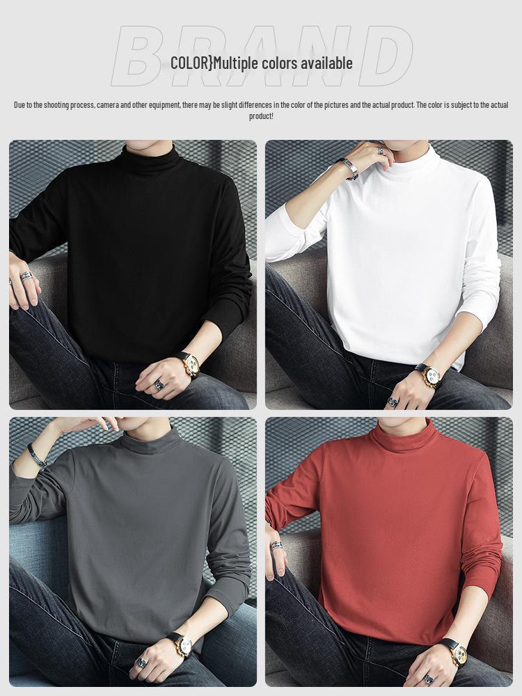 Men's Long Sleeve Cotton T-Shirt, Semi-High Neck, Solid Color Base Layer for Autumn/Winter