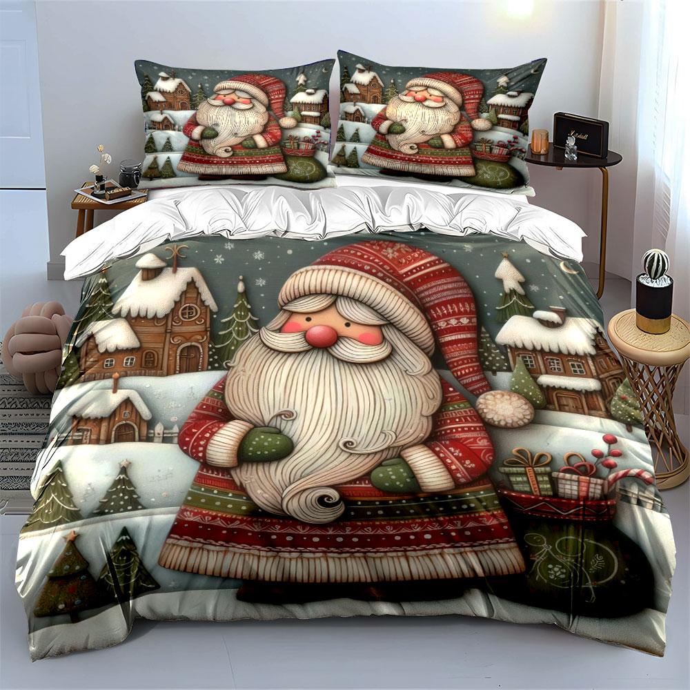 Christmas Santa in Snowy Village Bedding Duvet Cover Set  (1*Duvet Cover 2*Pillowcases, without duvet insert)