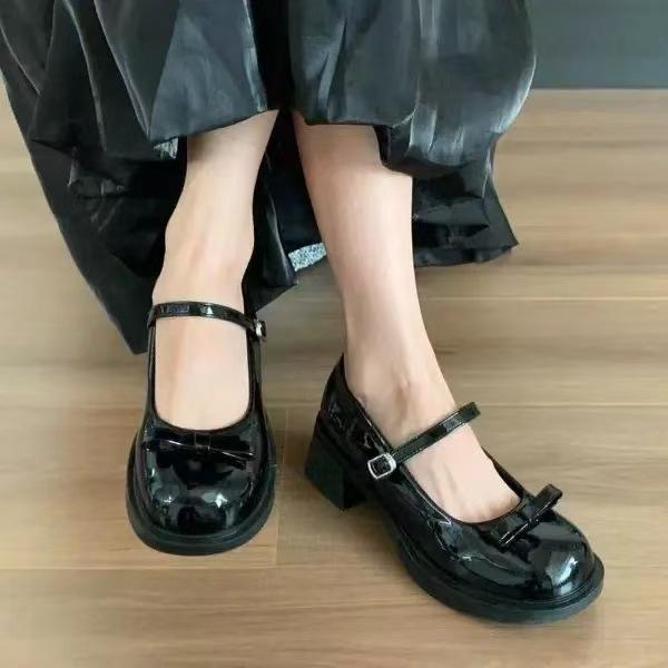 

Leather Leather Spring New College Style Coarse Heel Mary Jane Solid Color Bow Wedding Shoes JK Single Shoes Round Head Small Leather Shoes 35-[strength manufacturer undertakes export] чёрный