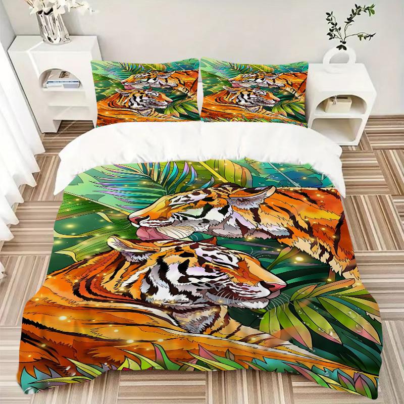 3pcs Tiger Print Duvet Cover Set - Machine Washable, Includes 1 Cover and 2 Pillowcases, No Core Included yy251013008