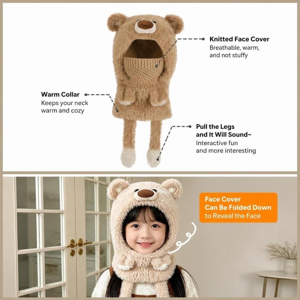 3-in-1 Design Winter Balaclava Hat Polyester Plush Bear Hat Soft Ear Flap Hood Hat  Outdoor Play