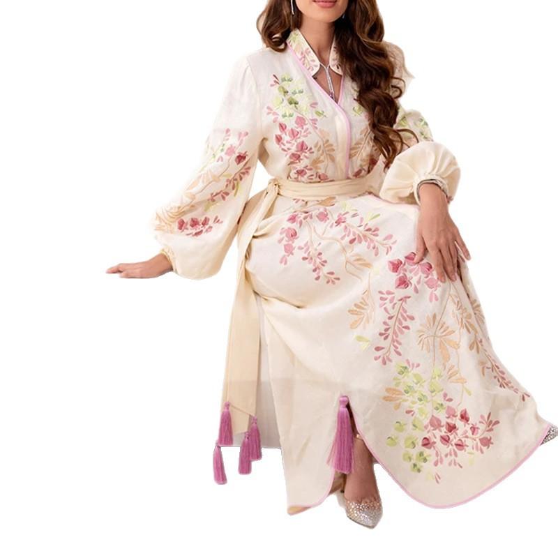 European and American women's clothing, new spring models, printed lantern sleeves, waist models, strappy tassel dresses