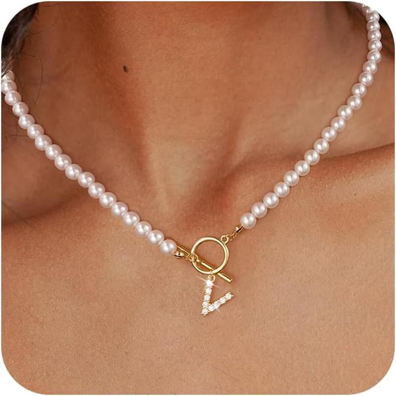 Rhinestone Letter Imitation Pearl Choker Necklace For Women Gold Plated Crystal Initial Pendant Necklace