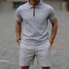 Men's Casual Waffle Half-Zip Short Sleeve Shorts Set - European & American New Style