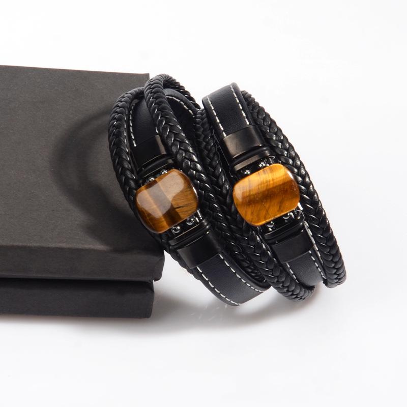 Men's Multi-Layer Tiger Eye Leather Bracelet with Magnetic Clasp and Stainless Steel Accents