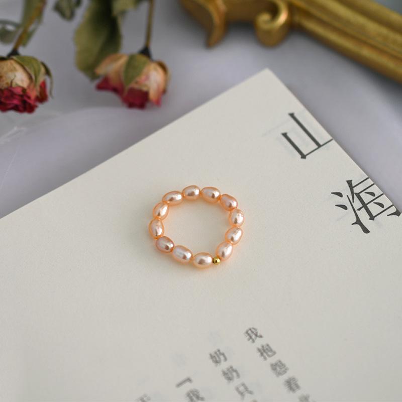 French Freshwater Pearl Copper Bead Stretch Ring Women 14K Gold Silver Plated Finger Band