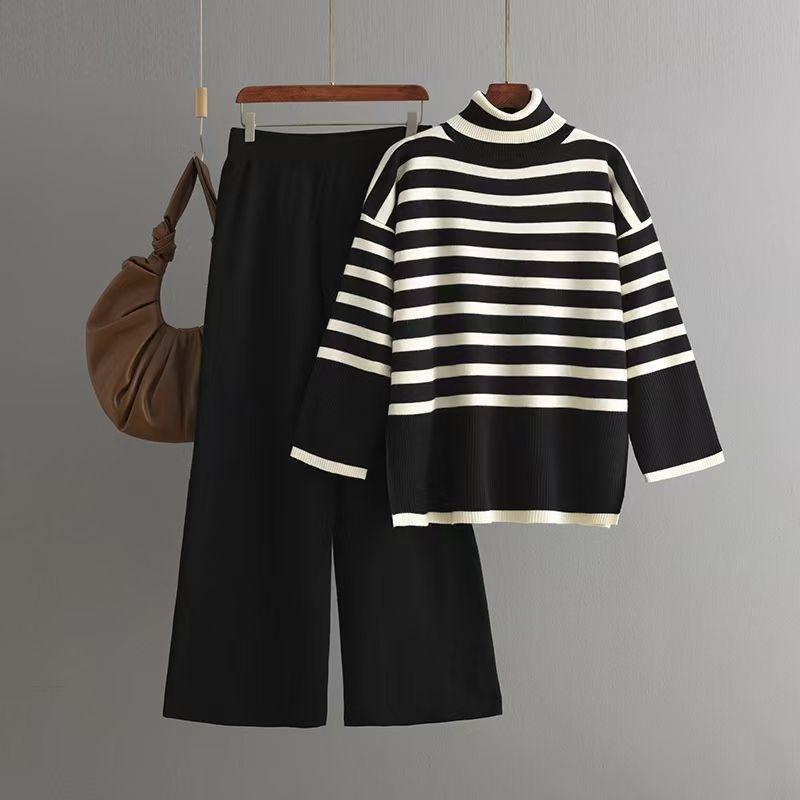 

Western Style Loose Knitted Stripes Sweater Trousers Set Striped Sweater and Pants Set Black All yards