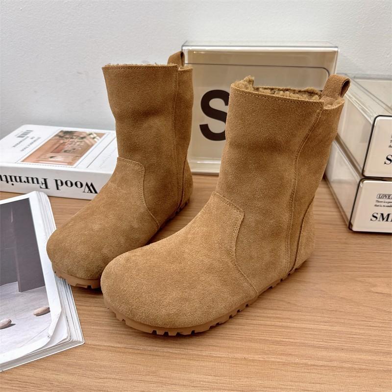 Fashion AJGS Wool Snow Boots Women's 2024 New Leather Winter Flat Warm Plush Cotton Shoes Versatile Mid-calf Boots