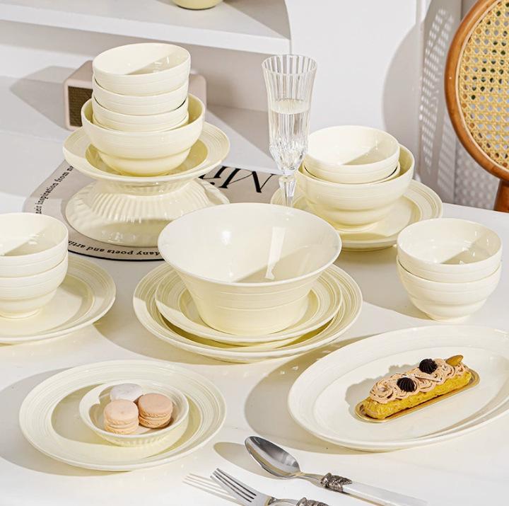 2026 Trendy Ceramic Rice Bowls & Plates Set - Mix & Match Freely Milky White