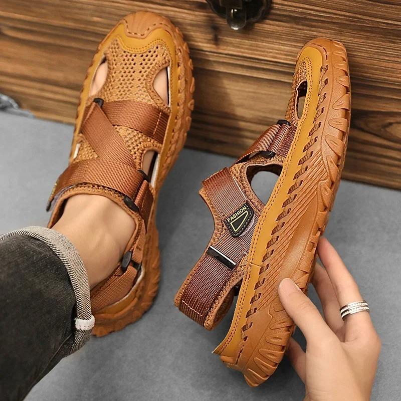 

Summer Men Sandals Genuine Leather Mens Casual Shoes Outdoor Men Leather Sandals for Men Beach Shoes Roman mens Shoes comfort 46 шоколадний