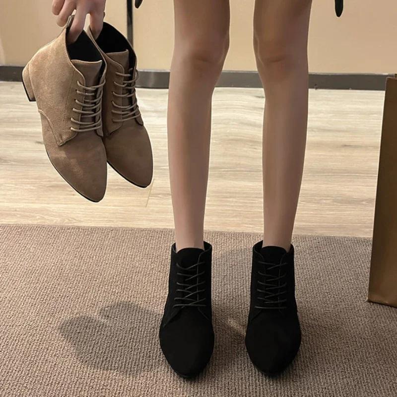 Women's Suede Ankle Boots Autumn British Style High Heeled Booties Woman Pointed Lace Up Thick Heel Platform Short Boots