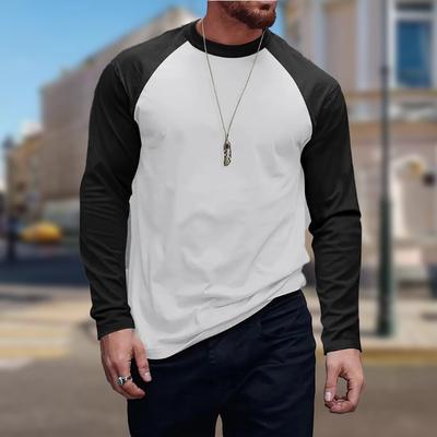 Two Tone Splicing Print Men's Tshirts Long Sleeve Tees Round Neck Casual Pullover Men's Clothing Plus Size