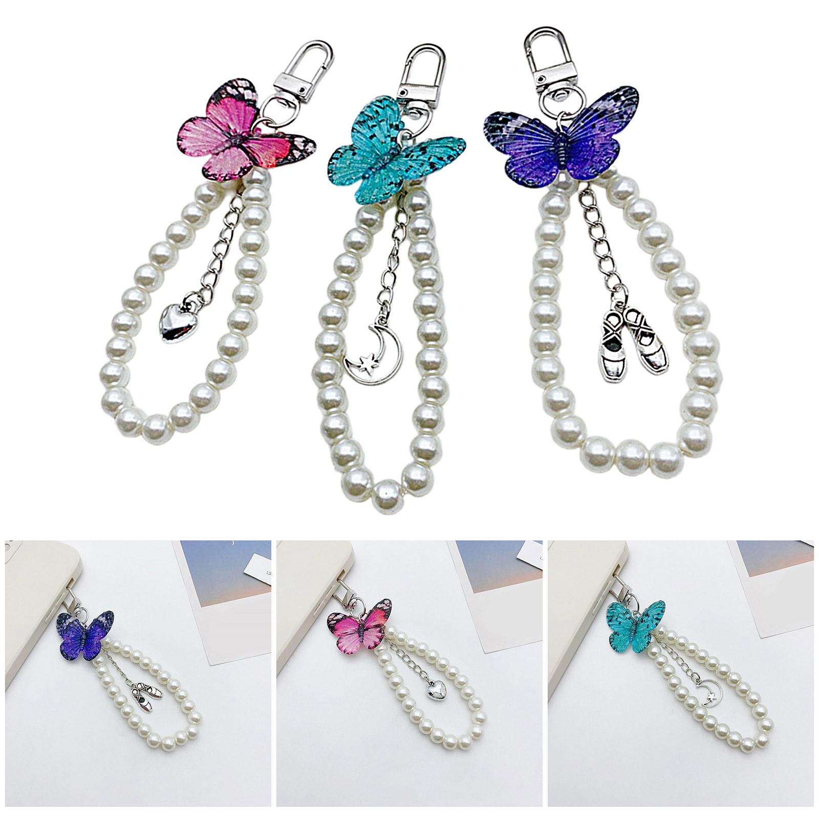 

Cute Pendant Keychain with Butterfly Exquisite Pearls Beaded Rings Pendant Keyring Butterfly Keychain Handbag Pendant рожевий