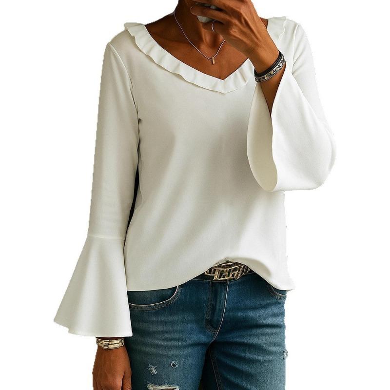 Women S Chiffon Blouse Casual V Neck Flare Sleeve Sun Protection Top
