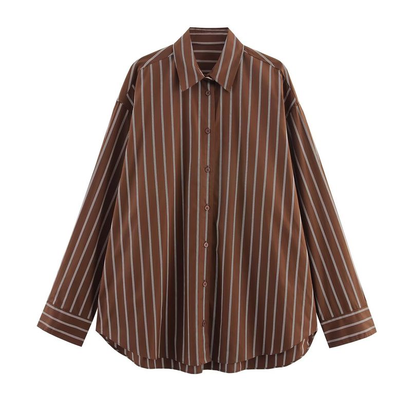 

Zbzr Autumn New Women clothes Western Style Fashion Stripe Loose Long sleeve Lapel Shirts 4764105 716 Brown Stripes L