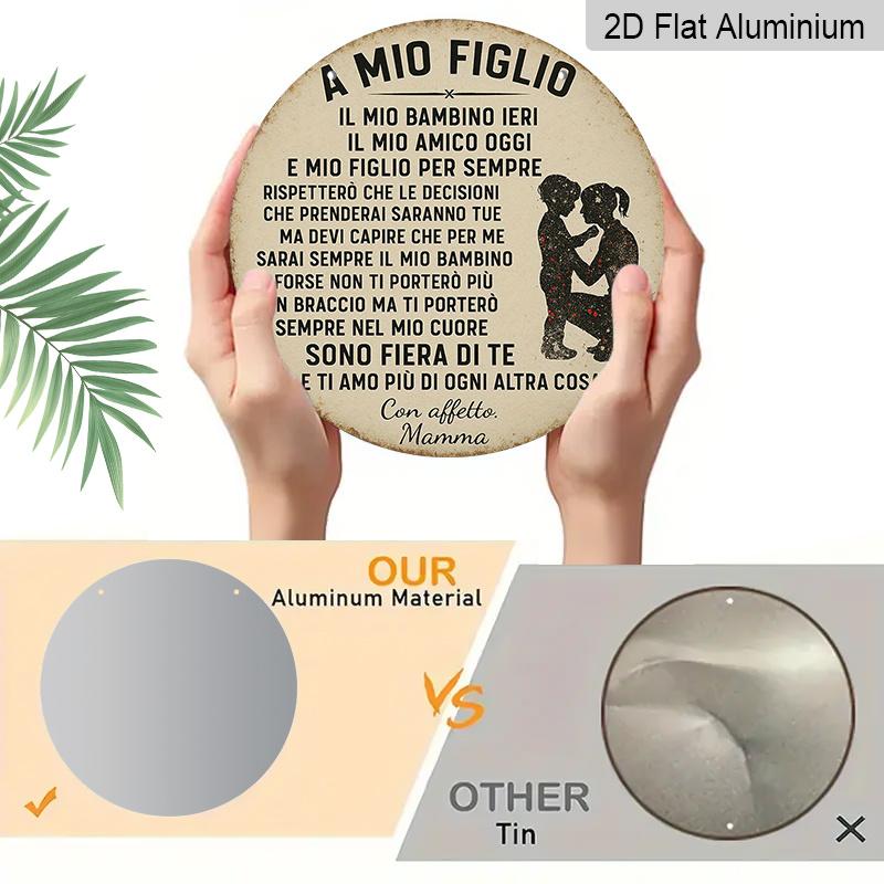 2D Flat, 1pc 7.87inch Aluminum Metal Wall Sign, A Mio Figlio Italian Quote with Mother & Child Silhouette, Vintage Rustic Family Decor, Perfect