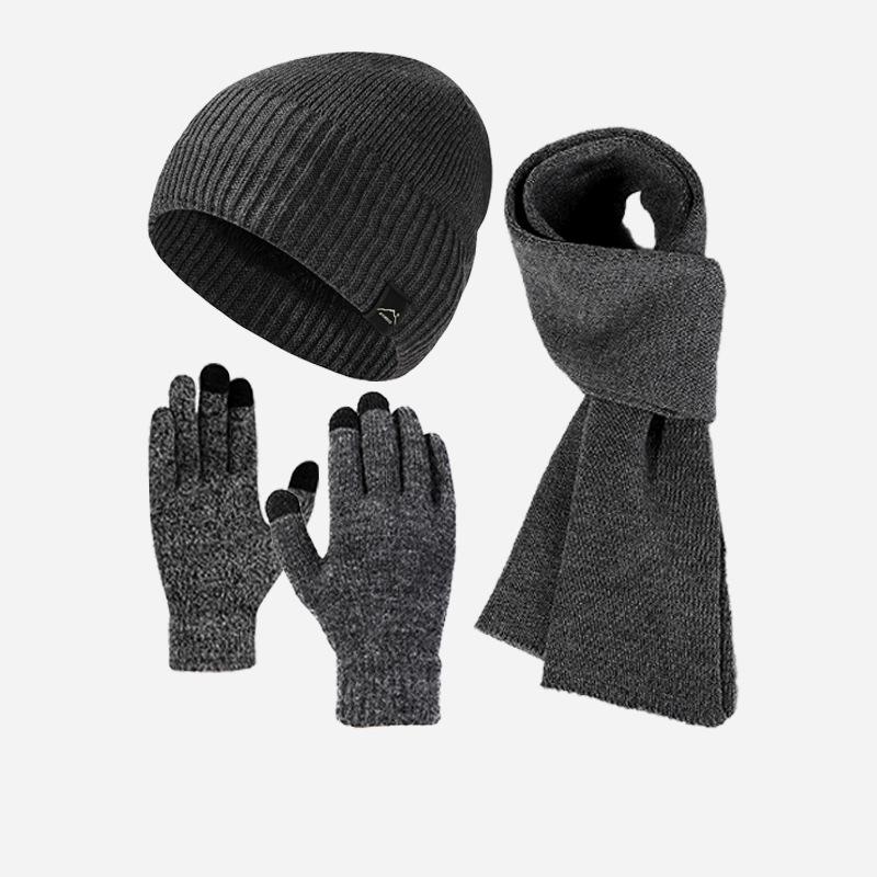 Thick Velvet Warm Windproof Three-Piece Set Big Head Circumference Knitted Hat Long Scarf Touch Screen Gloves