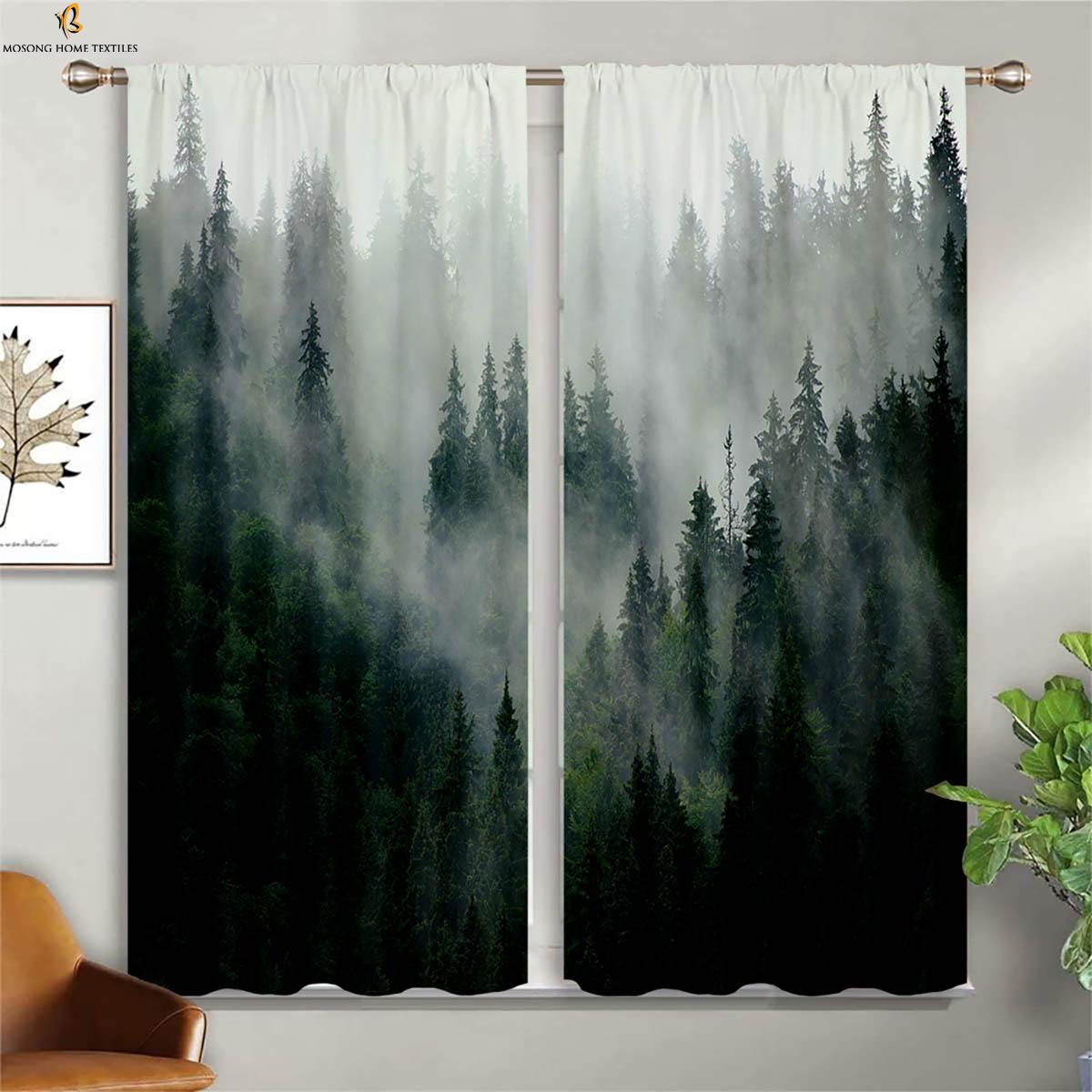 

Лесной туманный пейзаж 3D-печать карниз для штор карман для спальни гостиной кухни украшение окна занавеска легко мыть и ухаживать W50xH130(CM)x2PCS&Rod pocket