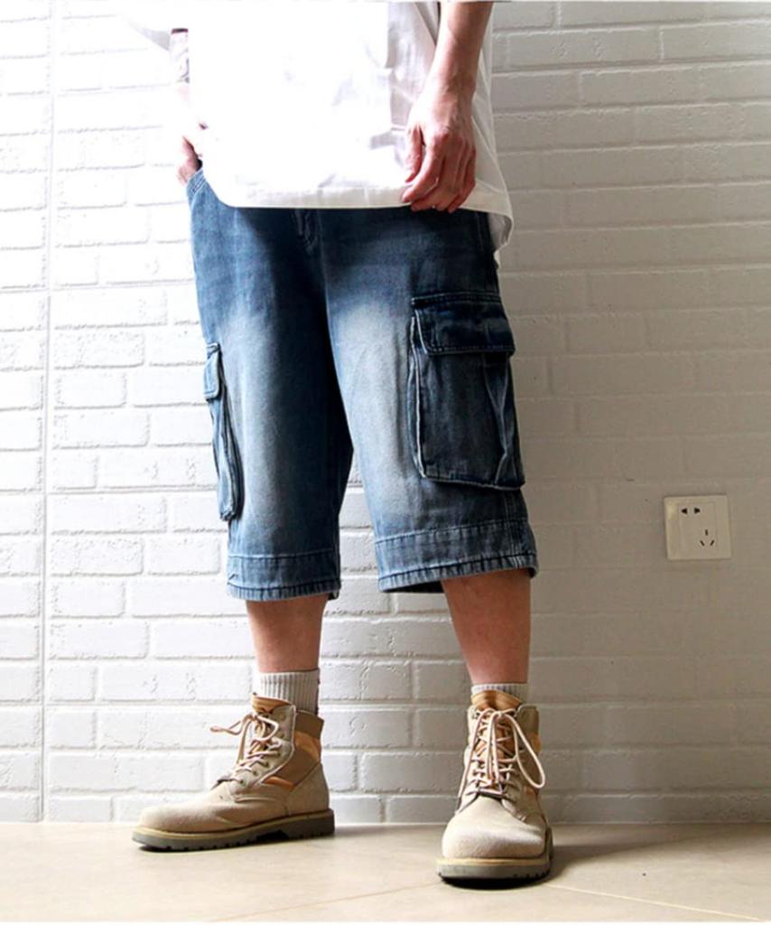 Oversized Length Cargo Wide Medium Loose Baggy Length Extra Wide Work Hip Hop Plus C22629A Number Men's 3/4 Jeans/Denim Shorts, Leg, Pants, Fit,