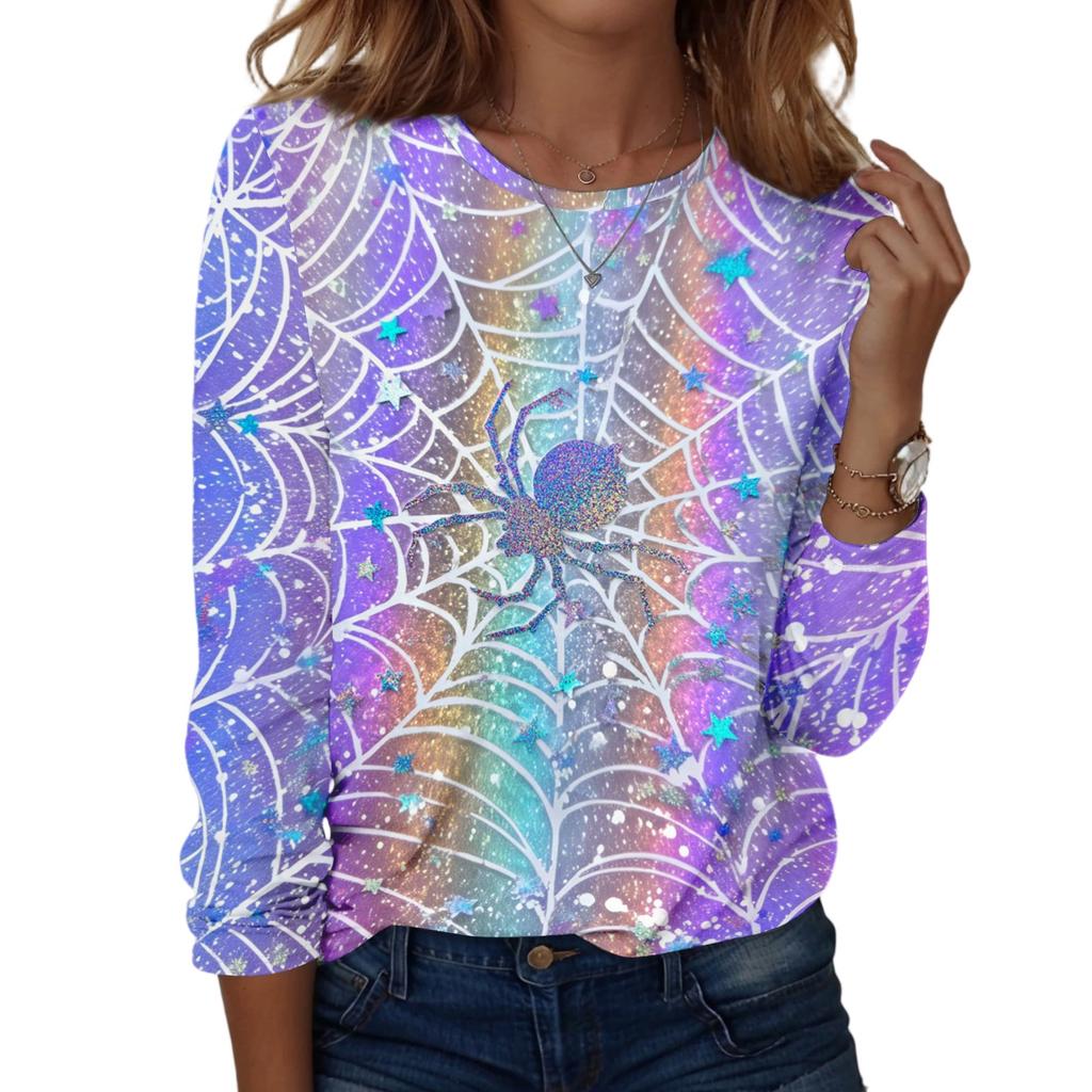 Women's Long Sleeve Casual Pullover Sweatshirt Halloween Ghost Pattern Round Neck Top Lightweight Comfortable Fit