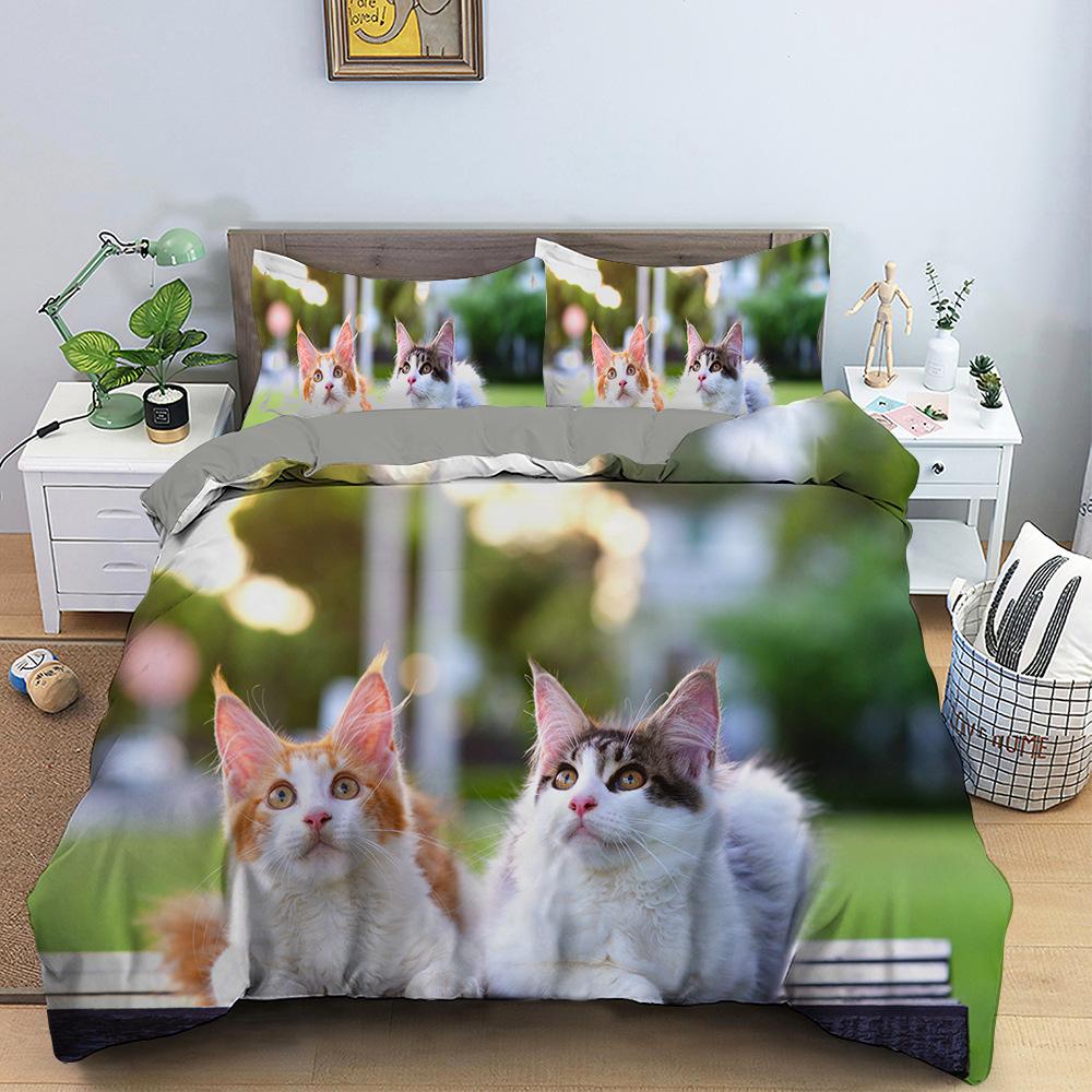 Lovely Cat Queen King Size Bedding Set Microfiber Polyester 3D Print Duvet Cover Set Girls Adults Comforter Cover Cute Animals