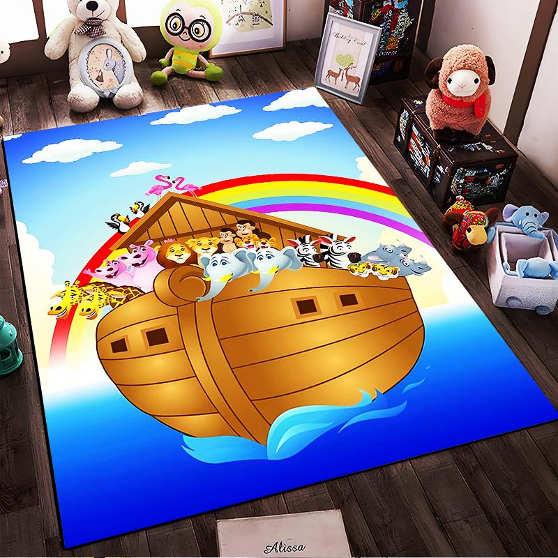 Noah's Ark Cartoon Carpet with Animals, Rainbow, and Blue Sky Design Suitable for Use As an Anti-slip for Living Room Bedroom Sofas