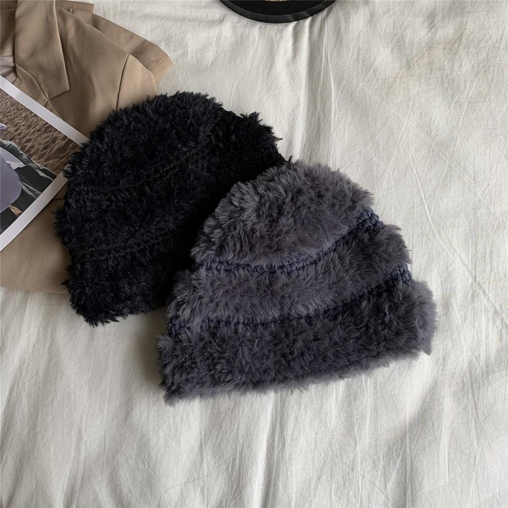 Winter Korean Style Designer Thickened Hand Knitted Fur Splicing Fisherman's Hat Warmth Anti Frost Hat Wool Hat