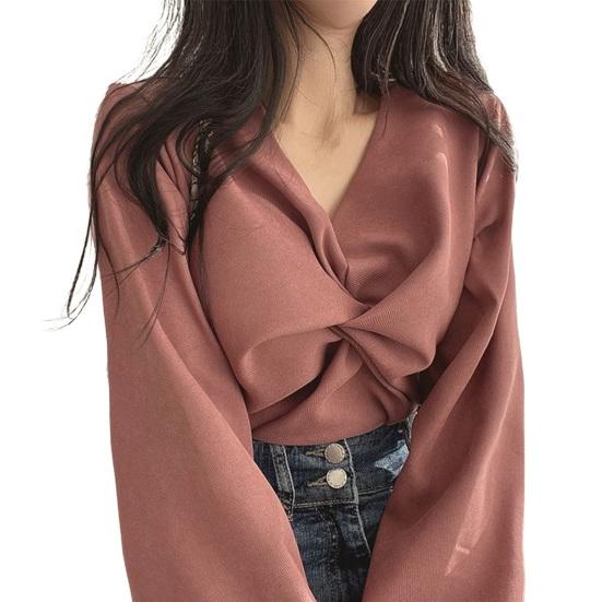 Women Shirt V-Neck Lantern Long Sleeve Pullover Tops Solid Color Knotted Design Regular Fit Tops