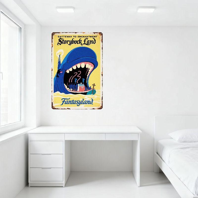 Vintage 'Gateway to Enchantment' Storybook Land Metal Tin Sign, Whimsical Blue Whale with Boat Design, Distressed Aged Style Fan
