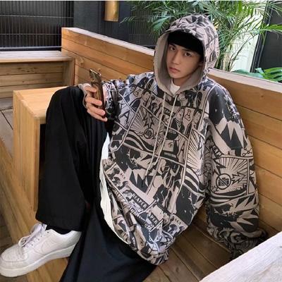 Spring and Autumn Men's Hooded Sweater Cartoon Print Hooded Loose Jacket