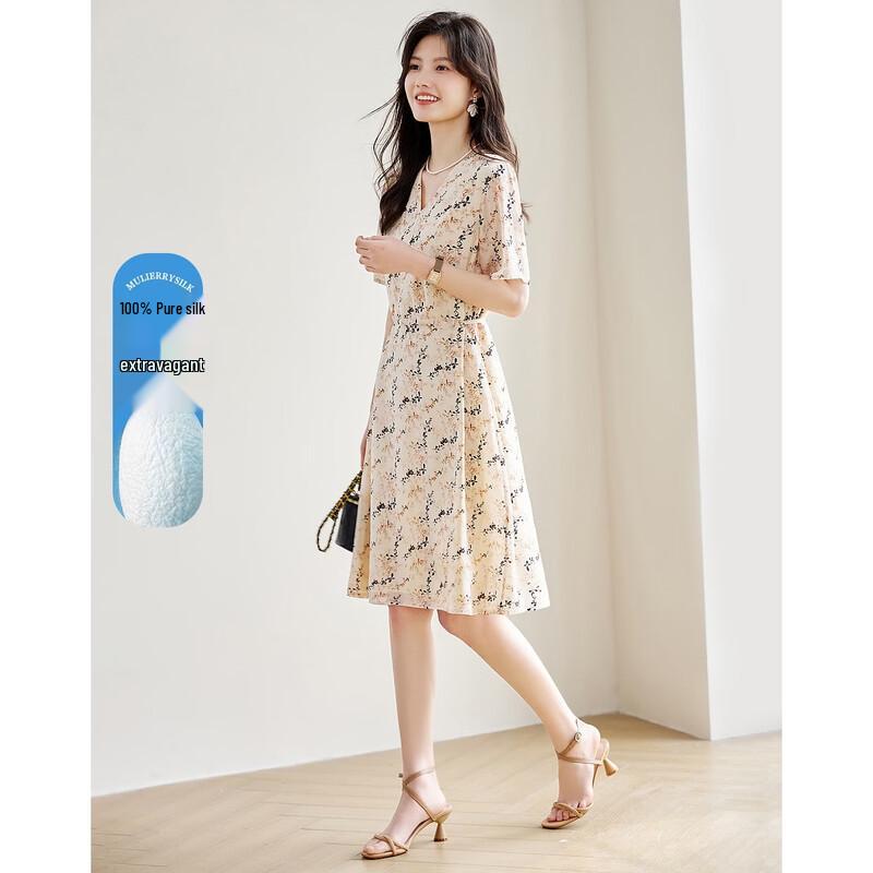 Demana V-Neck 100% Silk Floral Straight Dress M