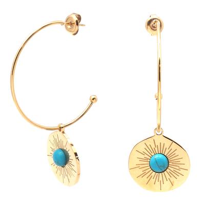 [Q5070] - Designer Steel Hoop Earrings 'Boho' Turquoise Gold (sun) - 35 Mm - 20x18 Mm