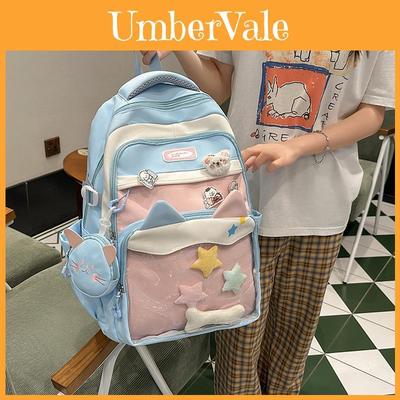 Fashion Color Blocked Cat Ear Design Student Backpack With Pendant And Badge For Girls