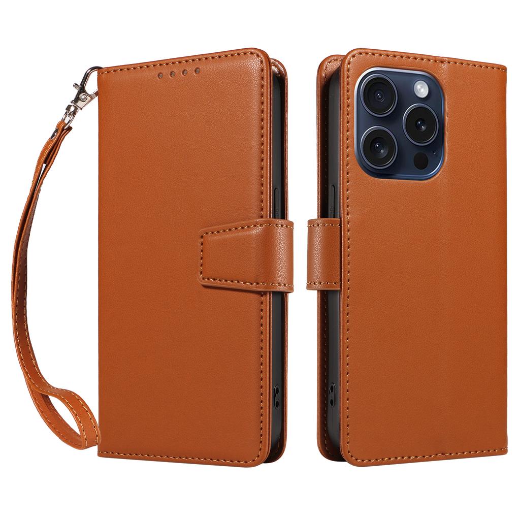 For iPhone 15 Pro Case RFID Blocking PU Leather Wallet Flip Phone Cover with Wrist Strap