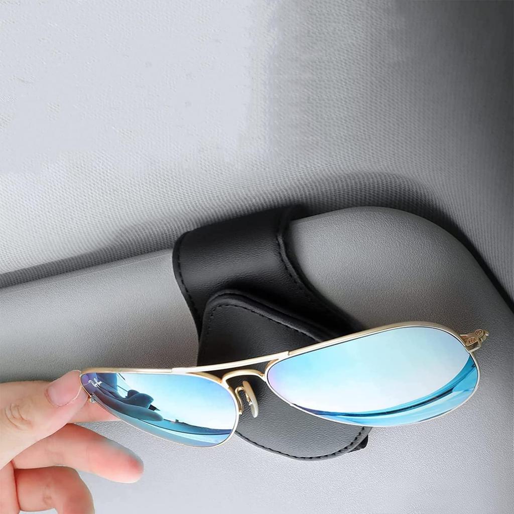 Sunglasses Holder for Cars, PU Leather Magnetic Visor Clip, Set of 1, Glasses Holder, Card Storage, Compact, Simple, Car Accessories