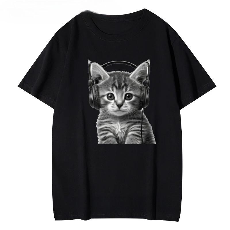 Kawaii Kitten With Headphones Print Women T Shirt Short Sleeve O Neck Red T-shirt Ladies Tee Shirt Tops Clothes Camisetas Mujer