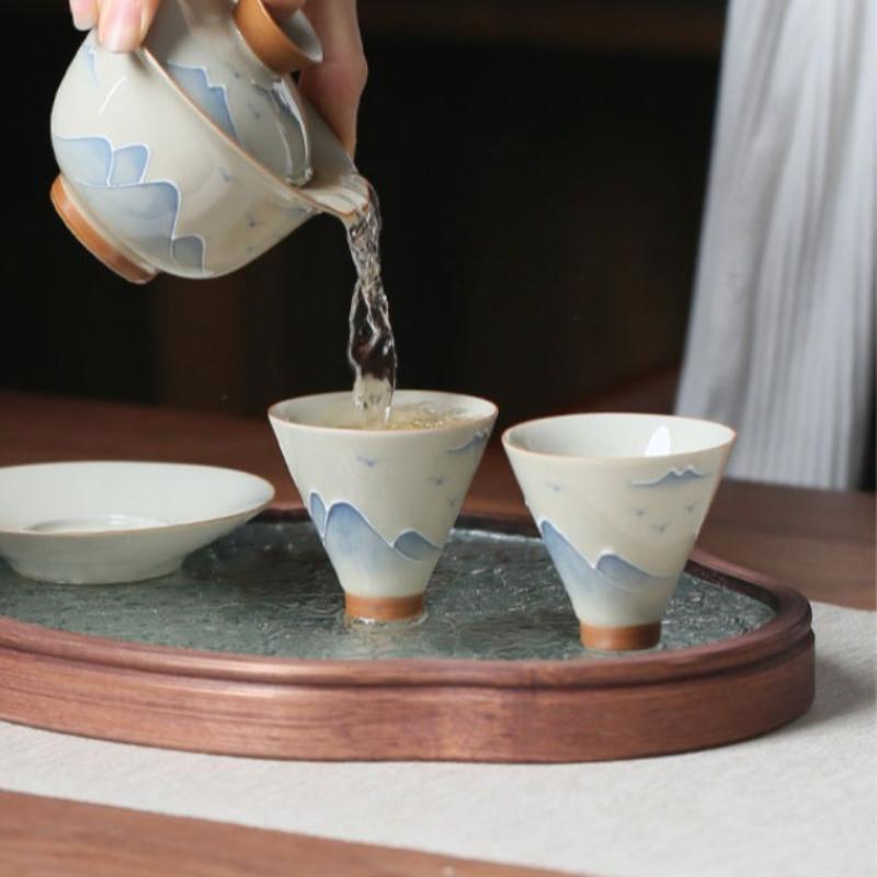 Hand drawn grass gray ceramic underglaze colored mountain and water hat tea cup Kung Fu tea set tea drinking tea single cup