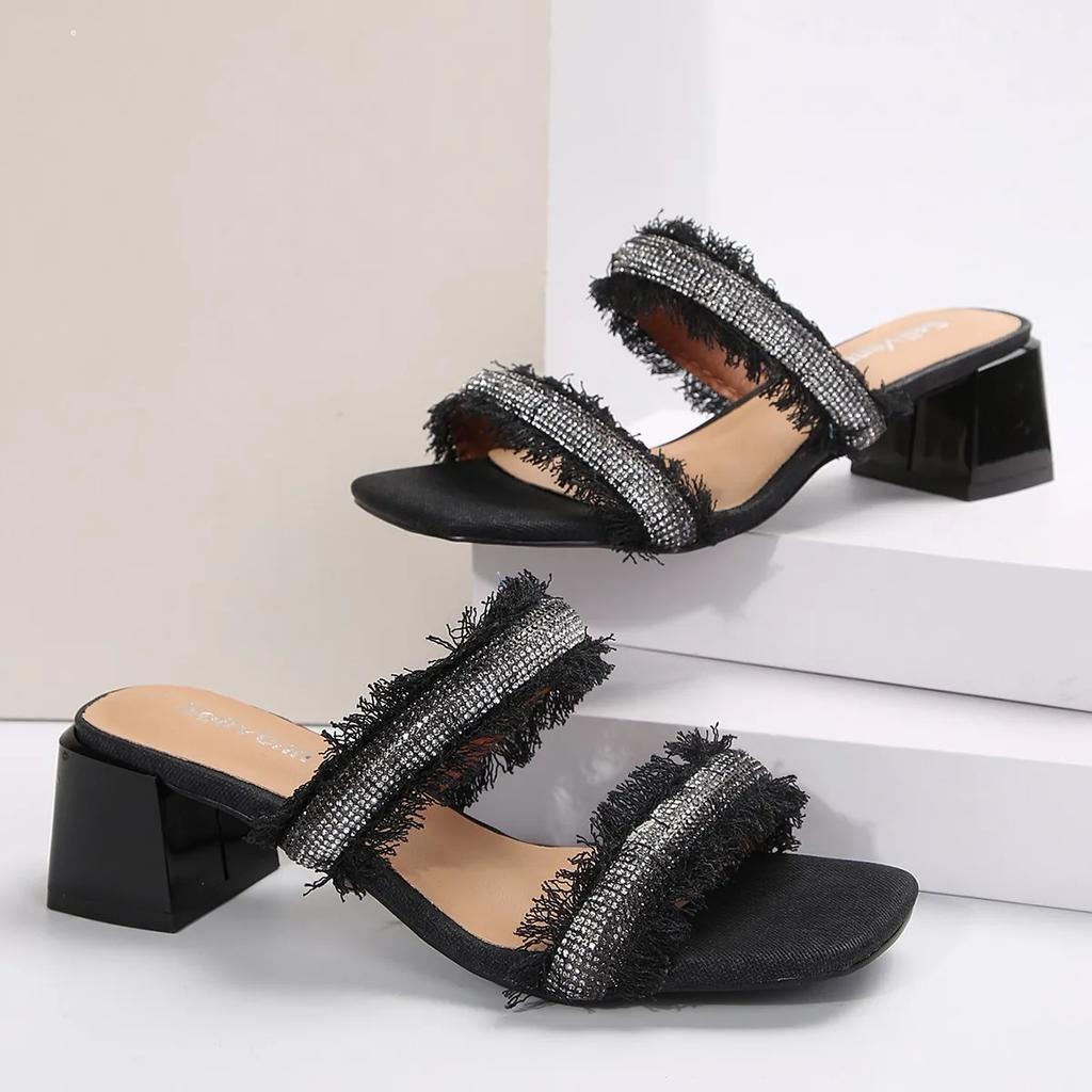 2024 New Fashion Casual Beach Summer Square Toe Women's Slippers Open Toe Rhinestone Decorated Square Heel Women's Shoes